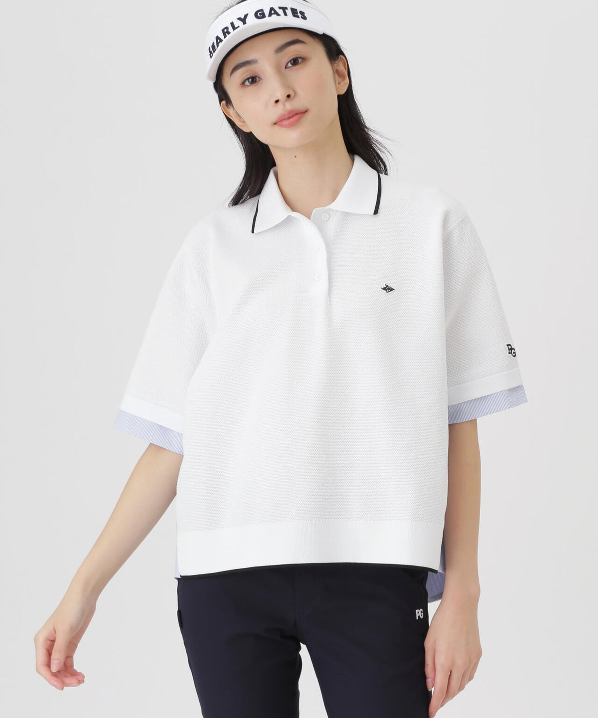 サッカー生地ドッキング半袖ニットポロシャツ (WOMENS)