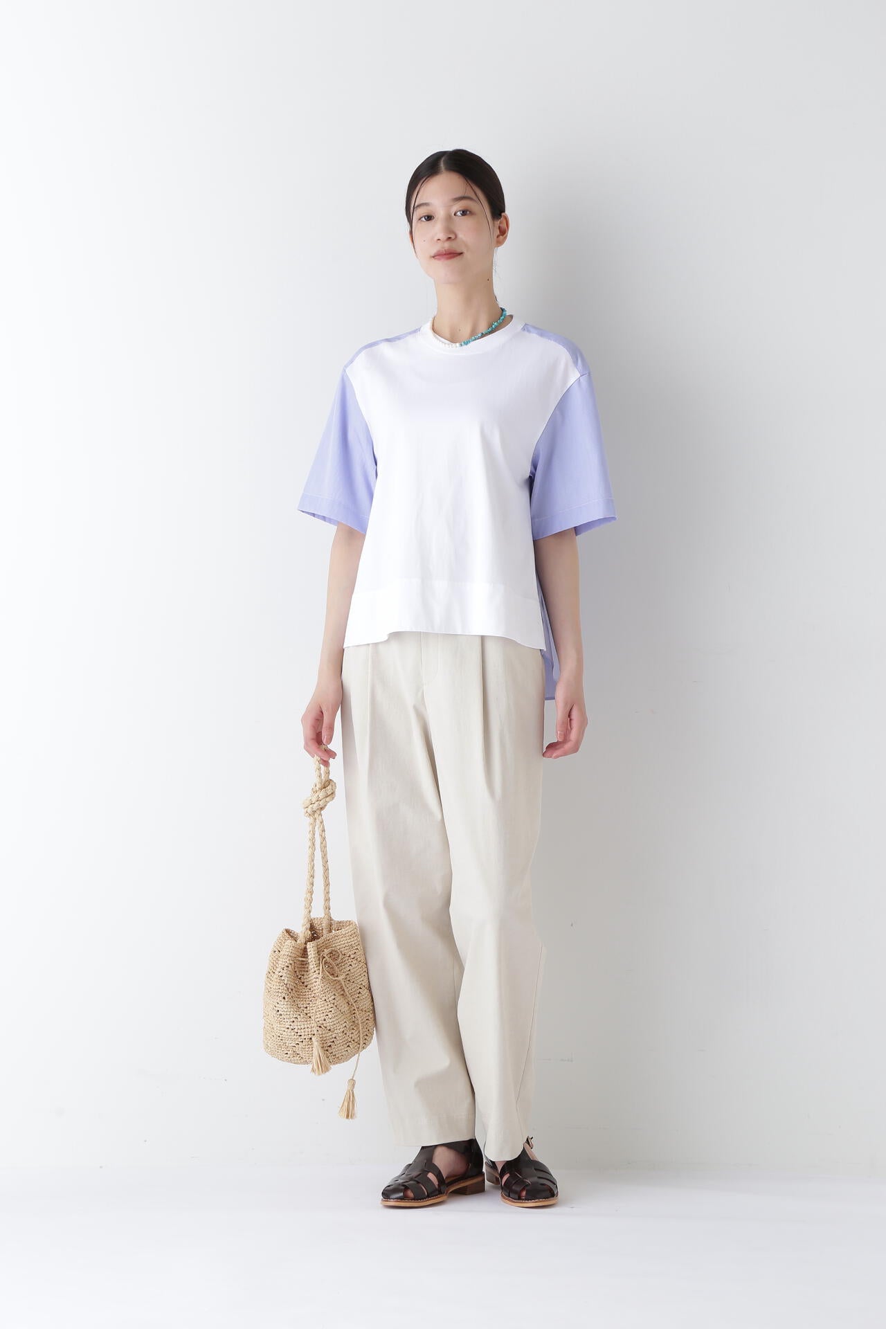 ストライプ布帛コンビTシャツ