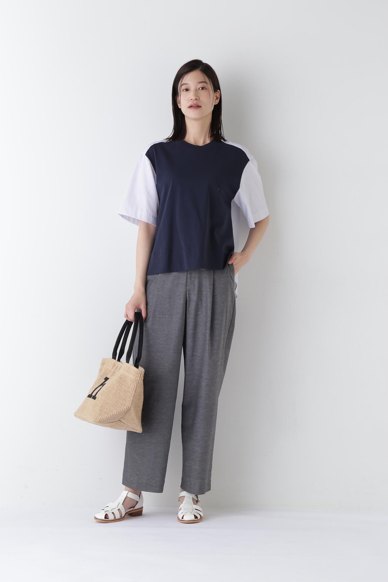 ストライプ布帛コンビTシャツ