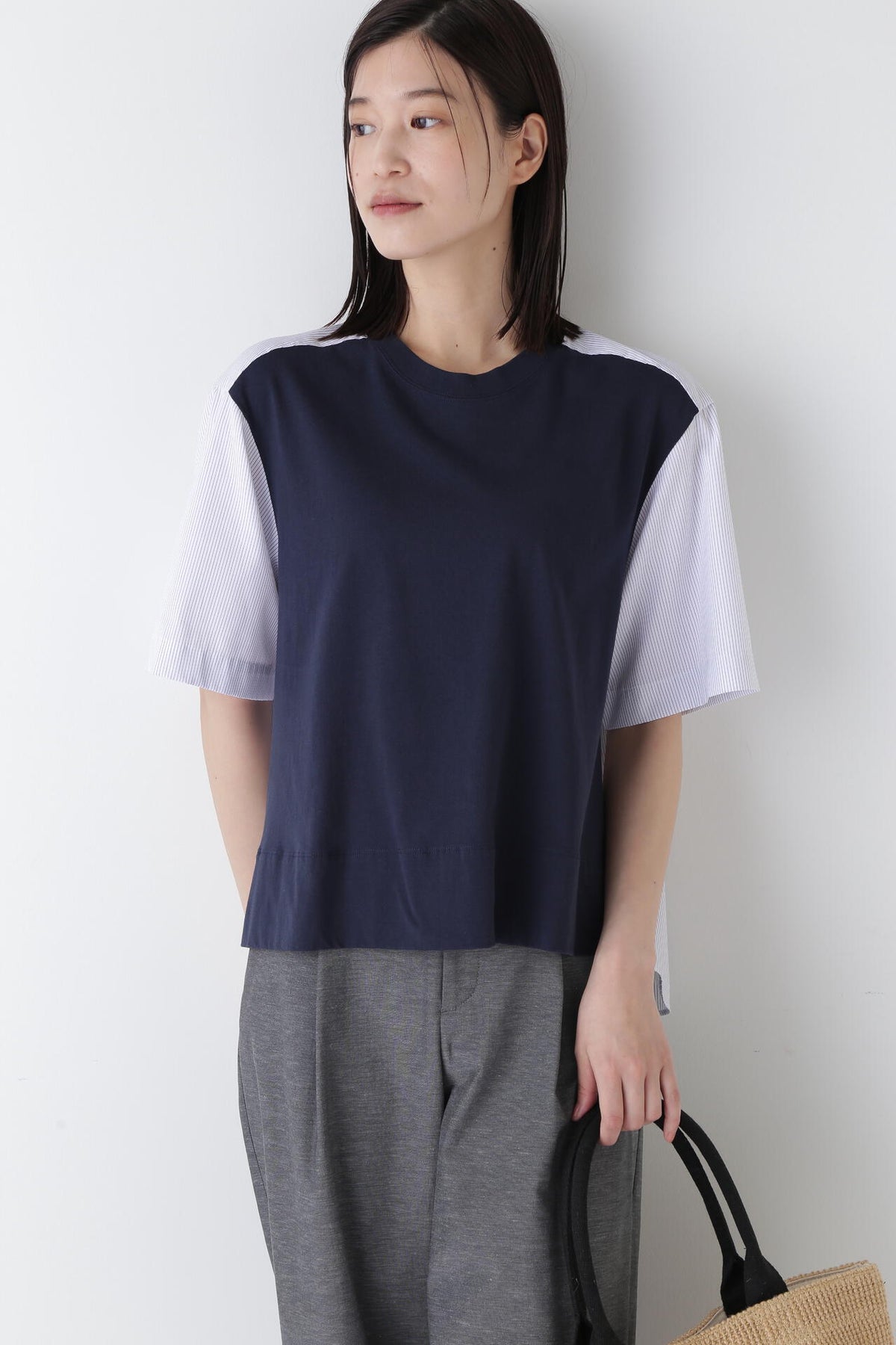 ストライプ布帛コンビTシャツ