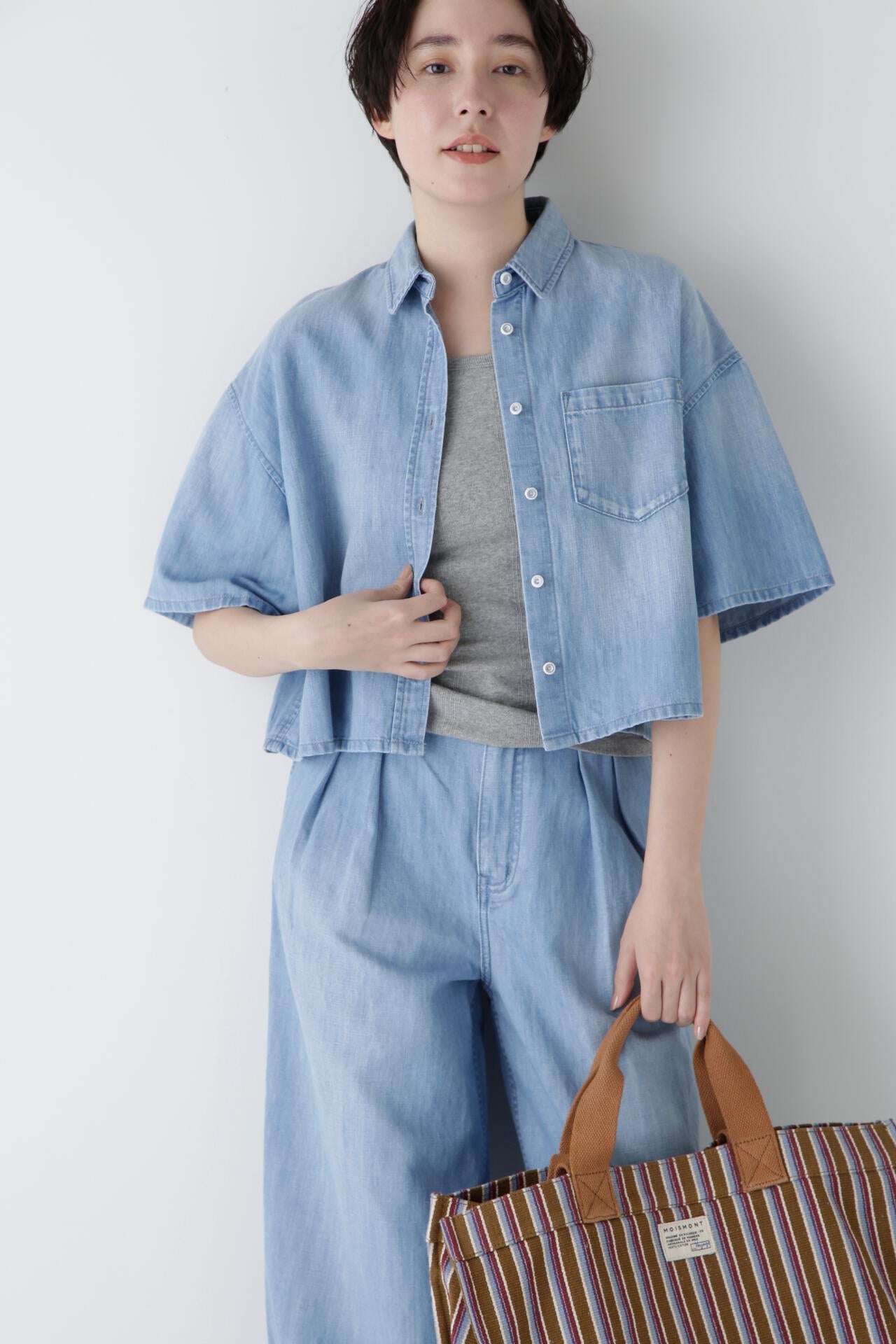 【Healthy DENIMコラボ】クロップド半袖デニムブラウス