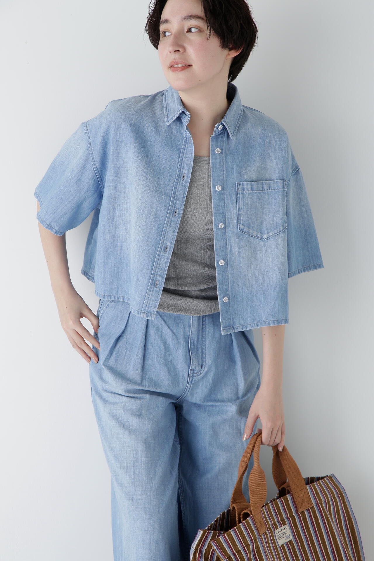 【Healthy DENIMコラボ】クロップド半袖デニムブラウス