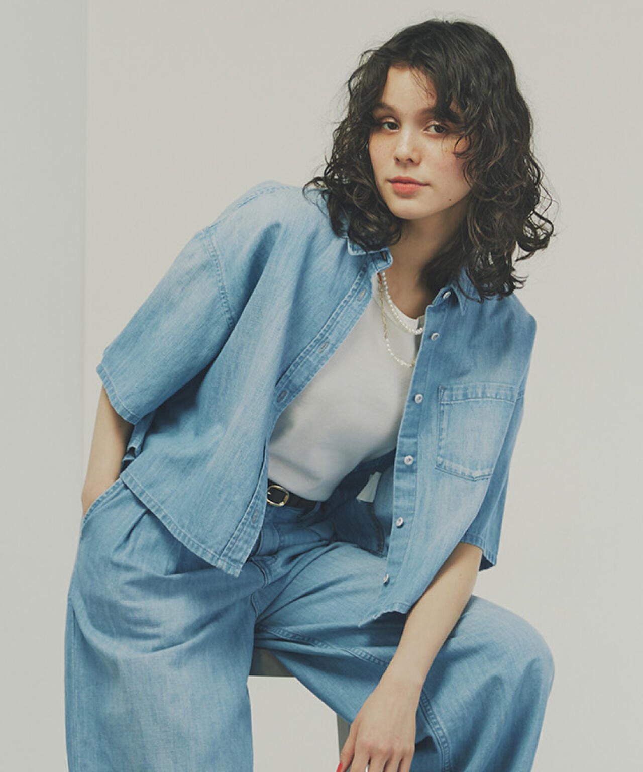 【Healthy DENIMコラボ】クロップド半袖デニムブラウス