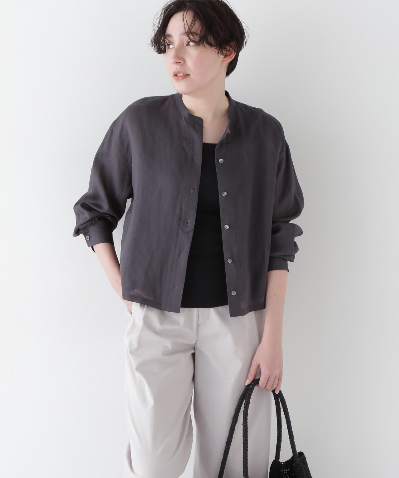 ラミーバンドカラーシャツブラウス