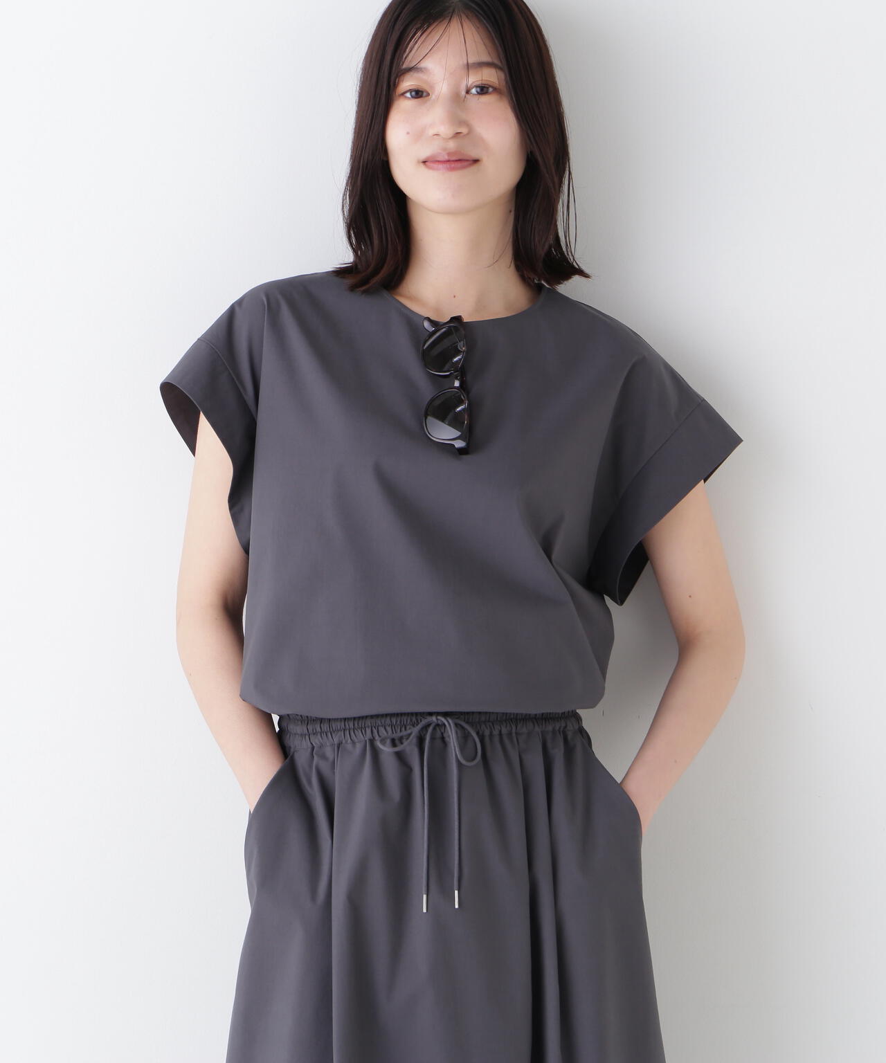 【撥水・ストレッチ】コットンポリエステルウェザーストレッチフレンチスリーブプルオーバー