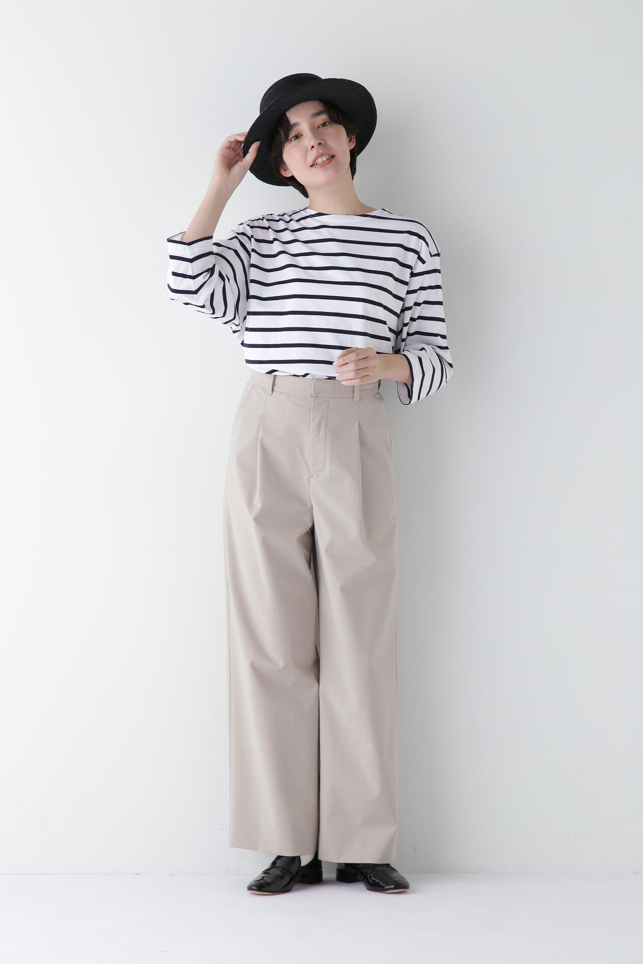 【WEB限定サイズ】Pレーヨン麻ポプリンマーベルトセミワイドパンツ