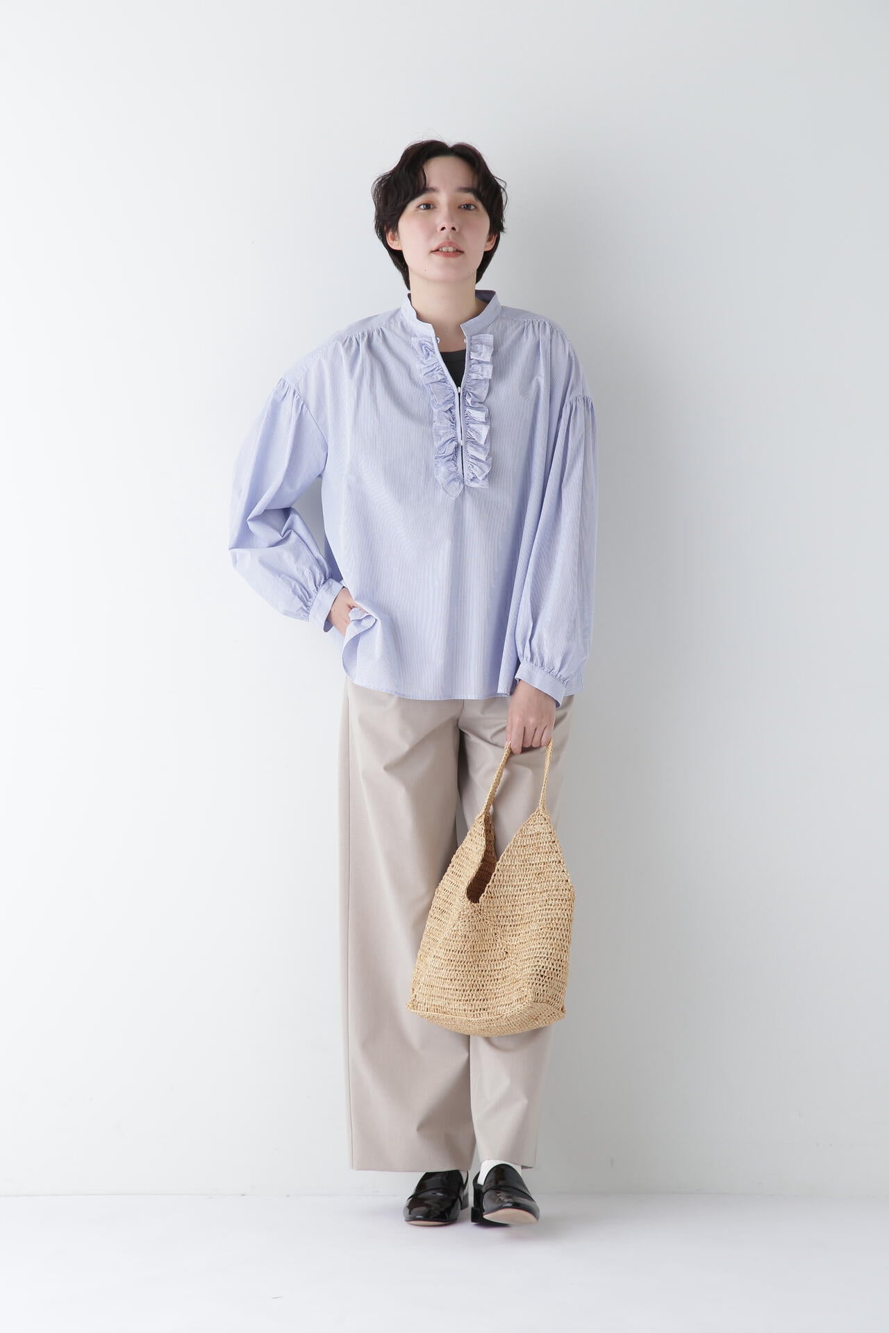 【WEB限定サイズ】Pレーヨン麻ポプリンマーベルトセミワイドパンツ