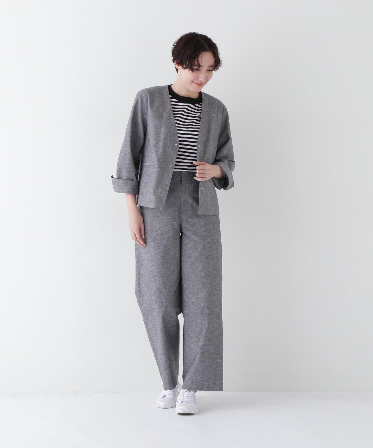 綿麻シャンブレーセミワイドパンツ