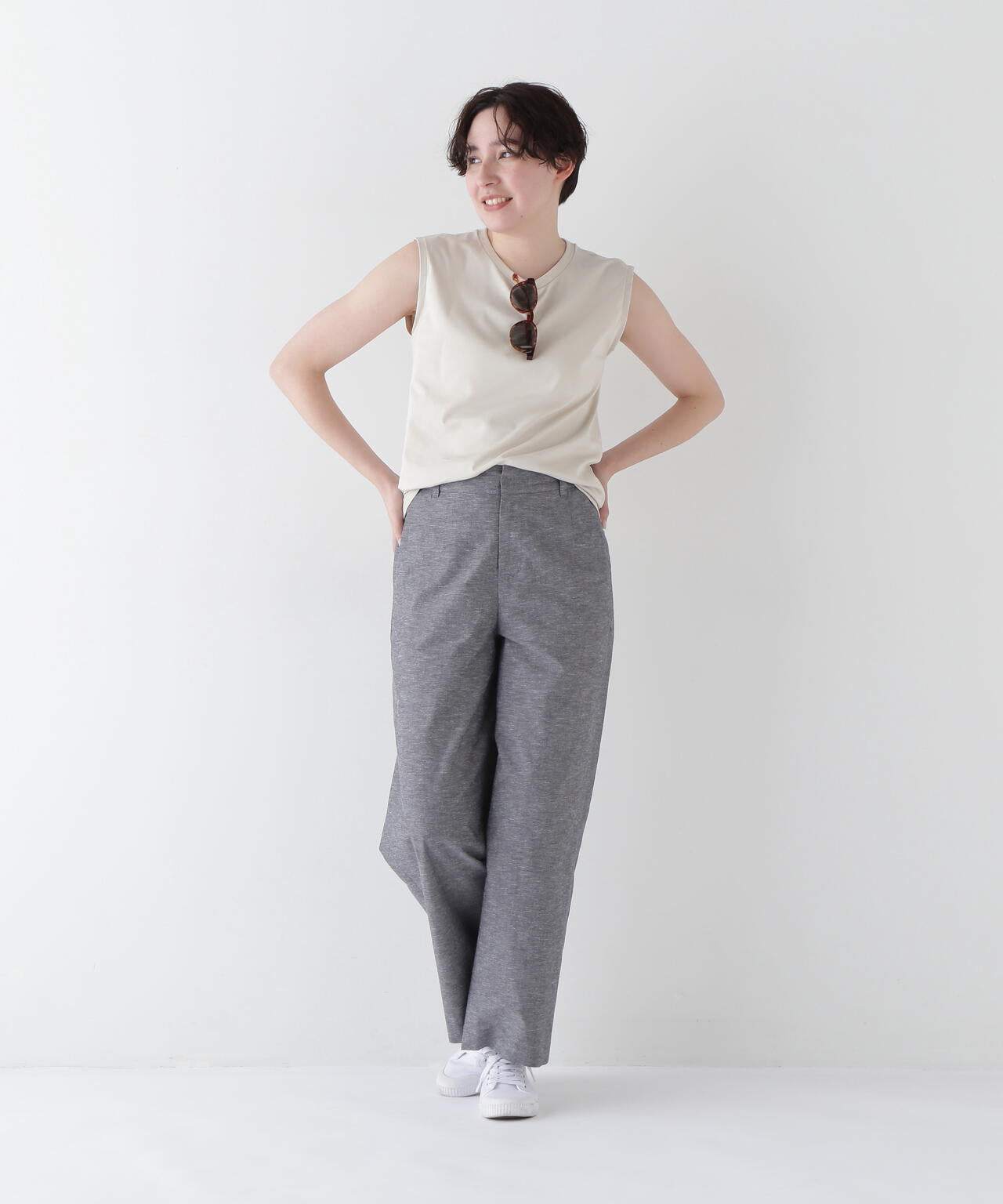 綿麻シャンブレーセミワイドパンツ
