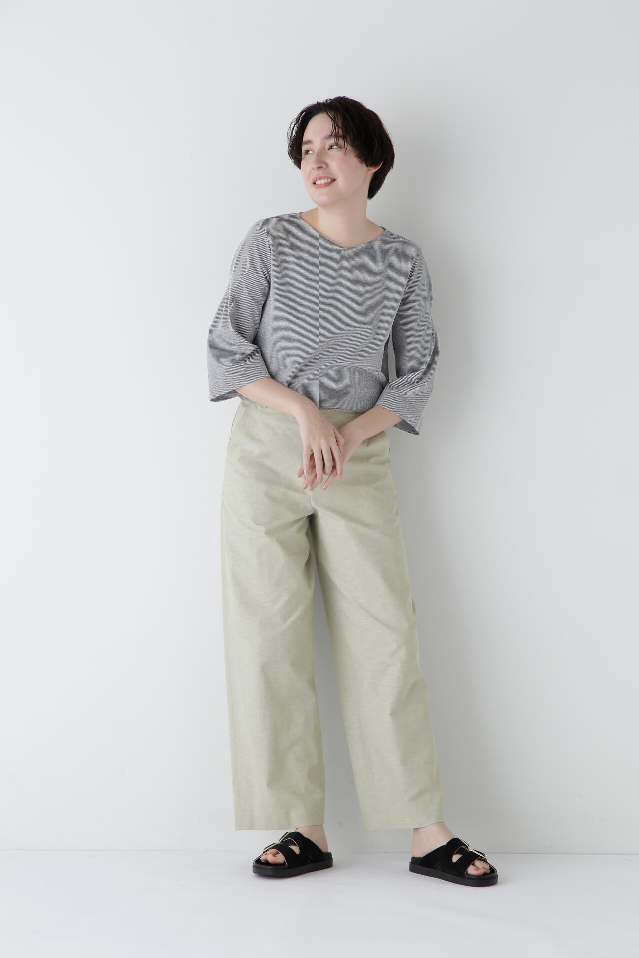 綿麻シャンブレーセミワイドパンツ