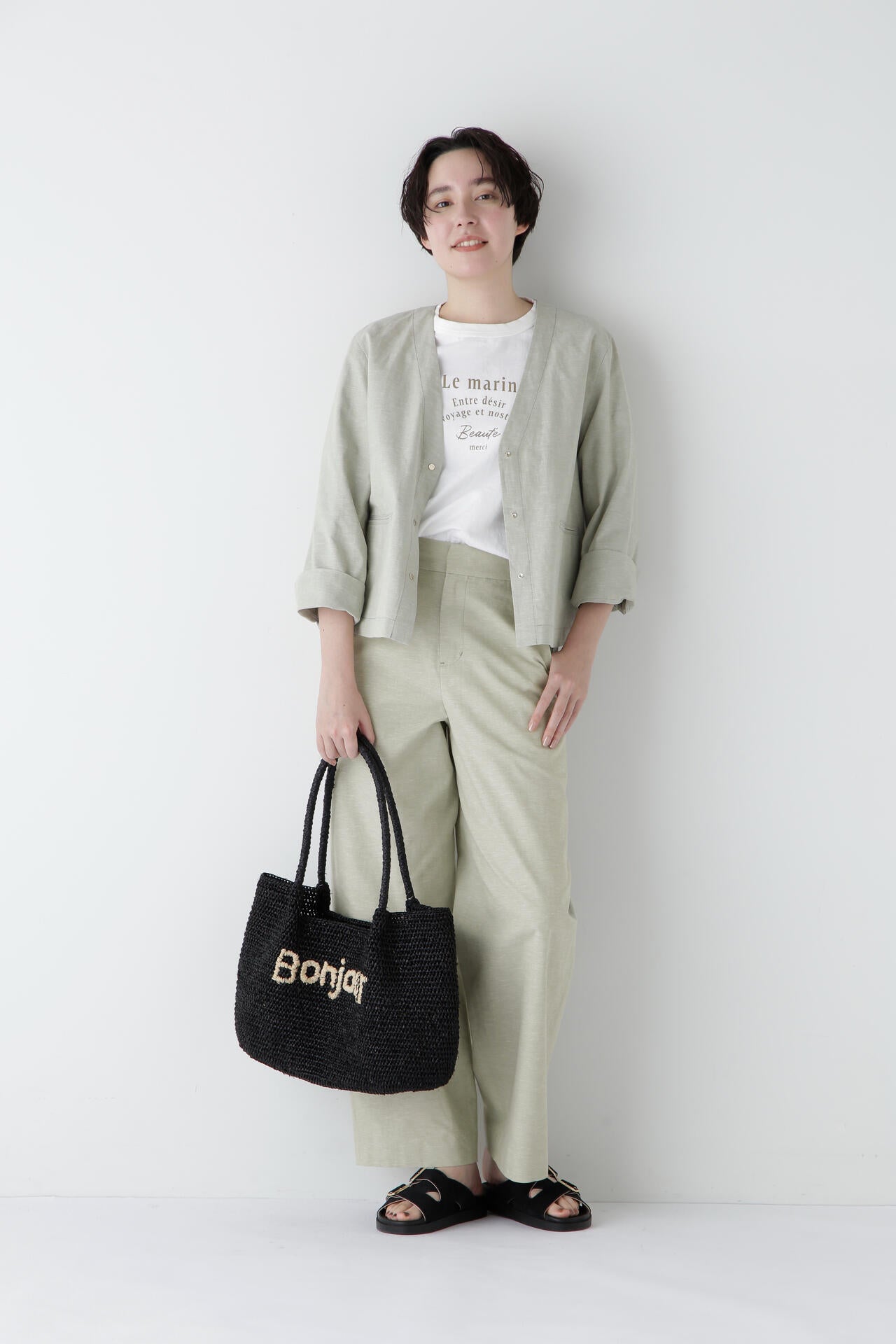 綿麻シャンブレーセミワイドパンツ