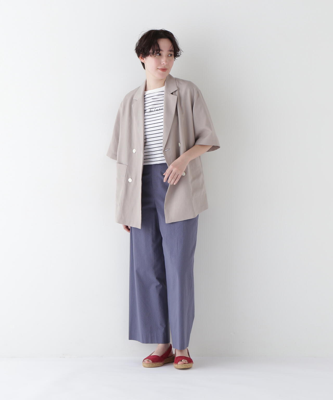 シアサッカーストライプセミワイドパンツ