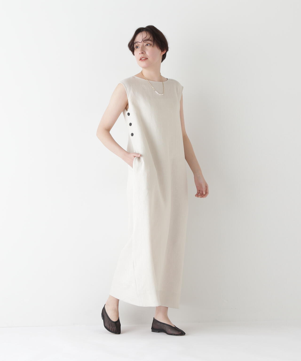 【WEB・一部店舗限定】リネンボートネックロングワンピース