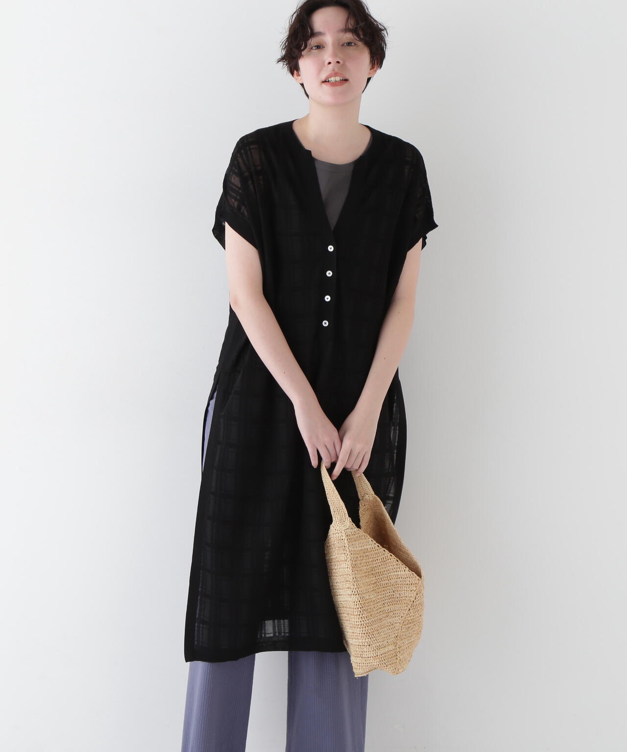 【ウォッシャブル】【WEB・一部店舗限定】シアーチェックニットワンピース