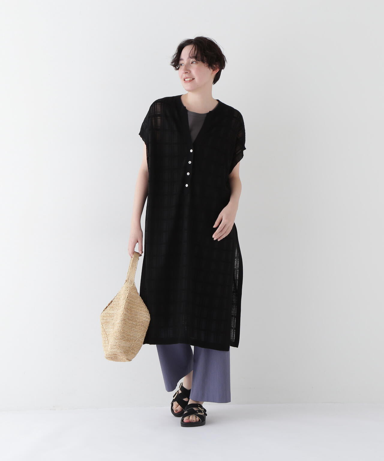 【ウォッシャブル】【WEB・一部店舗限定】シアーチェックニットワンピース