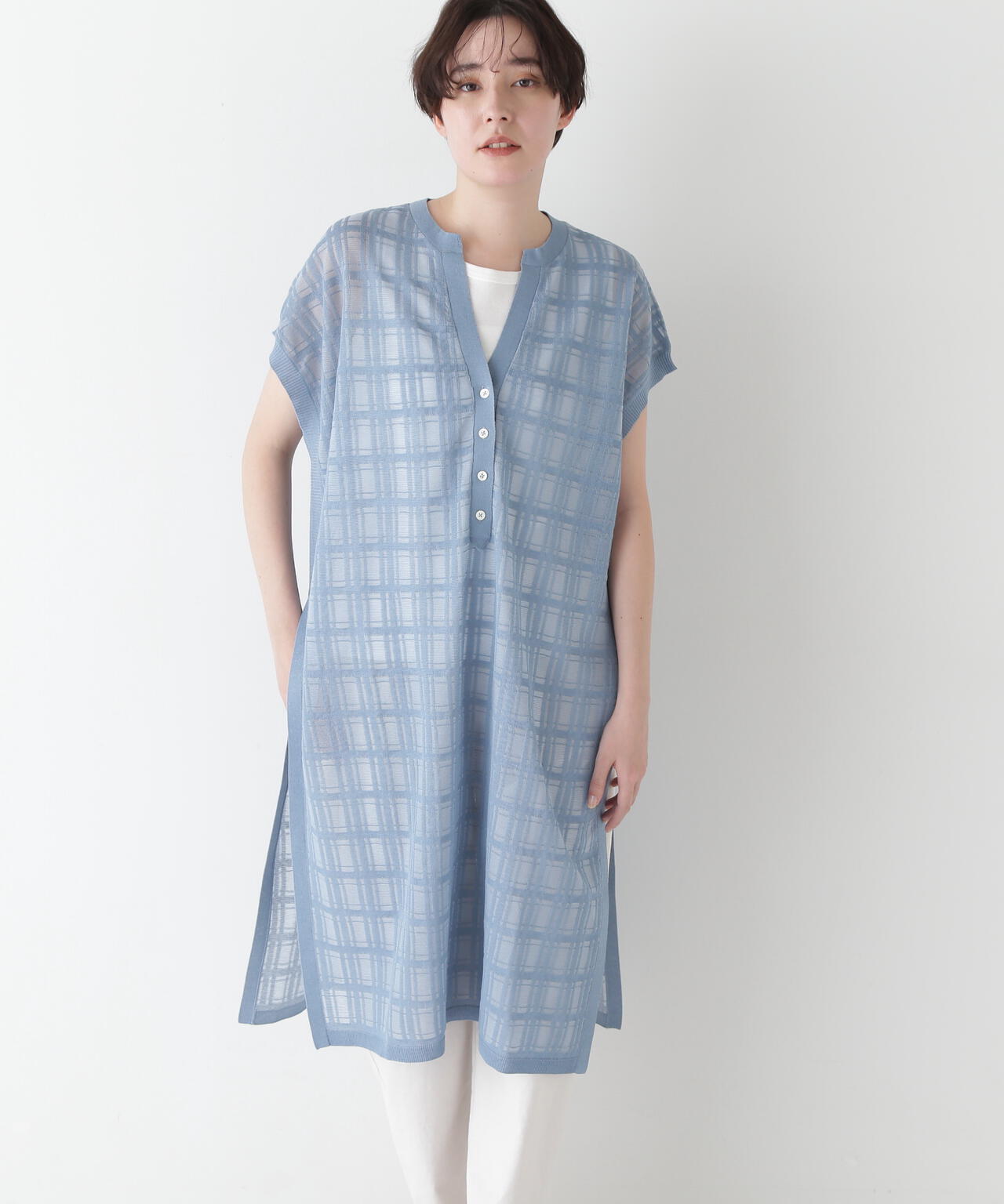 【ウォッシャブル】【WEB・一部店舗限定】シアーチェックニットワンピース