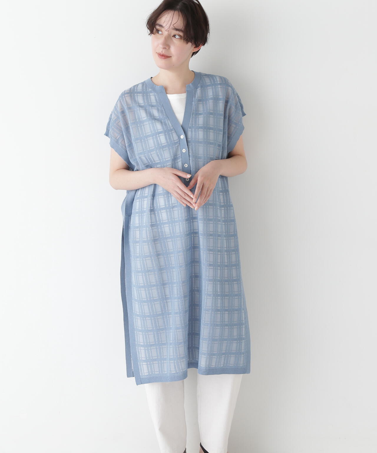 【ウォッシャブル】【WEB・一部店舗限定】シアーチェックニットワンピース
