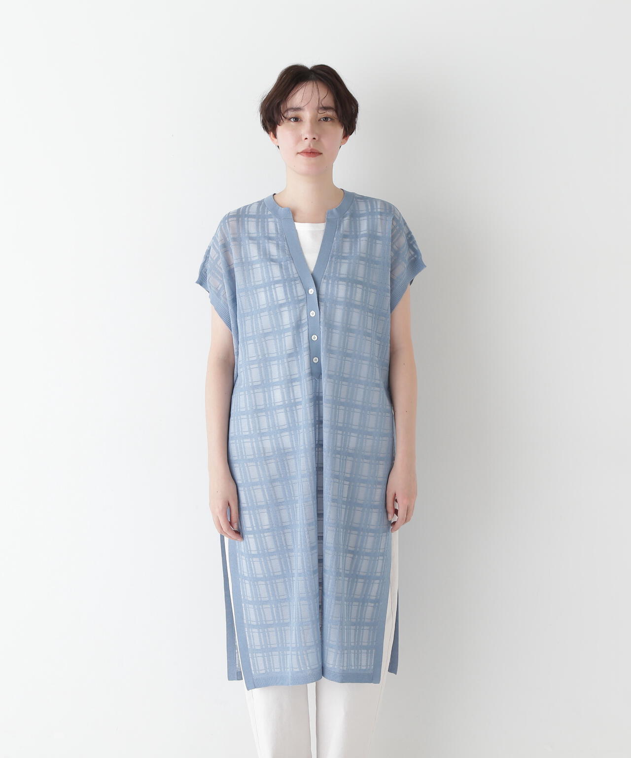 【ウォッシャブル】【WEB・一部店舗限定】シアーチェックニットワンピース