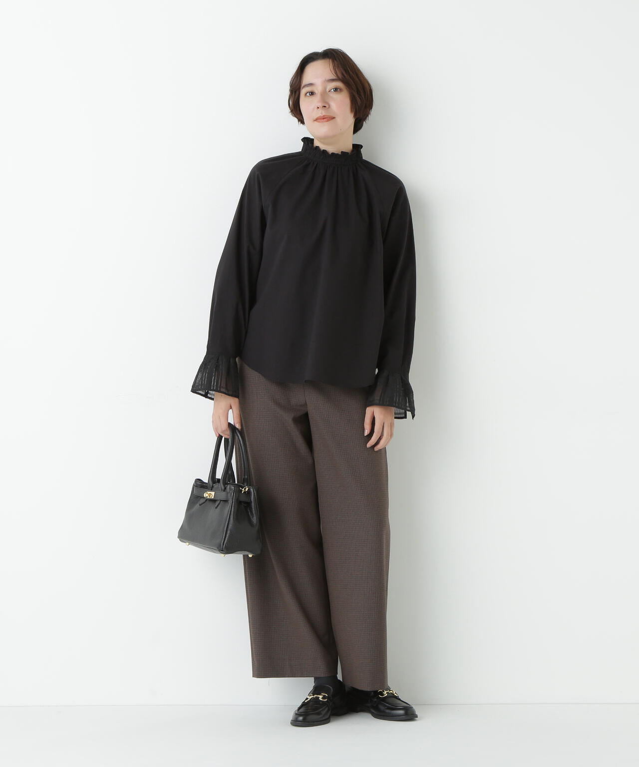 袖チェックジャガードブラウス