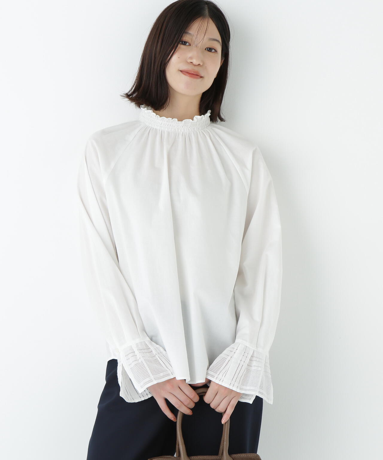 袖チェックジャガードブラウス