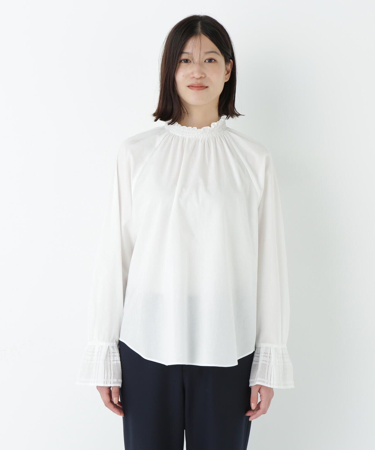 袖チェックジャガードブラウス