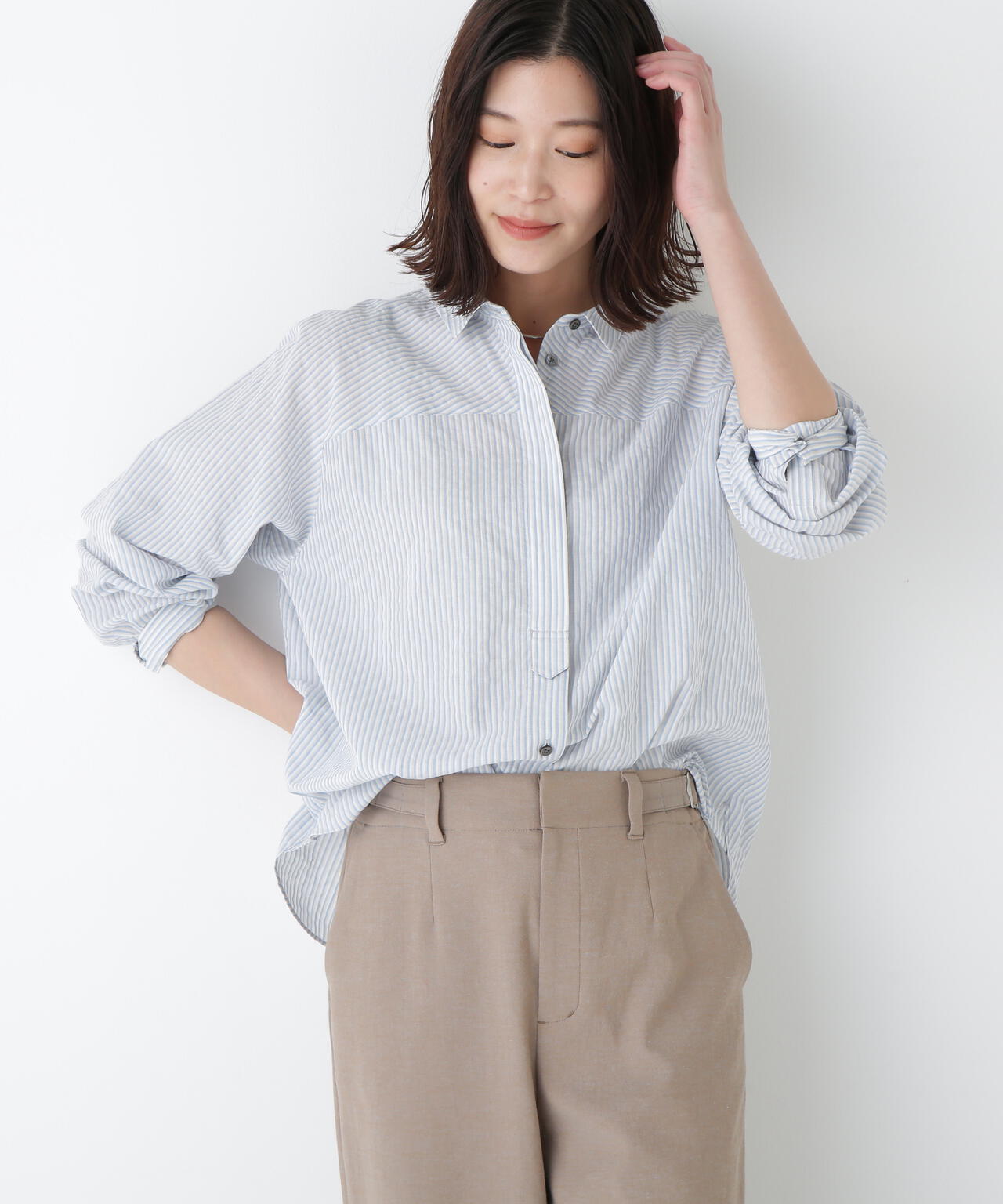 パナマサッカーストライプシャツブラウス