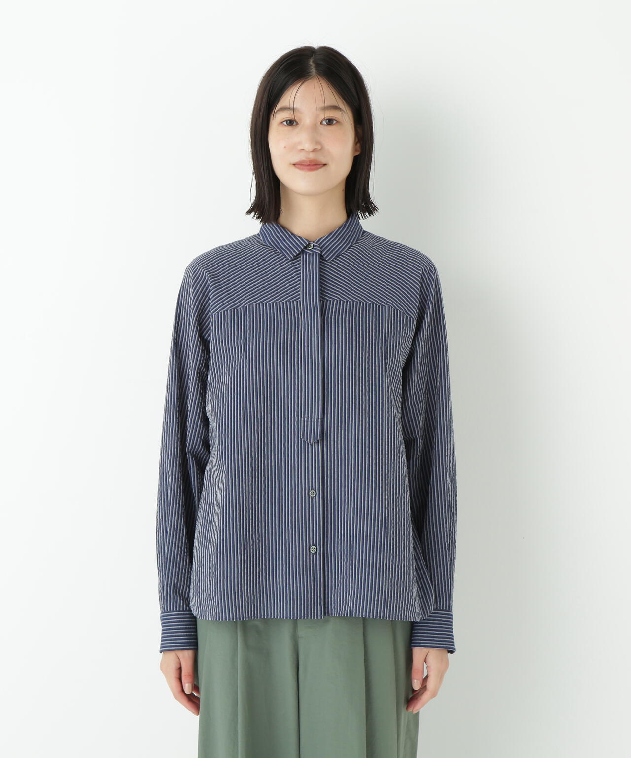 パナマサッカーストライプシャツブラウス