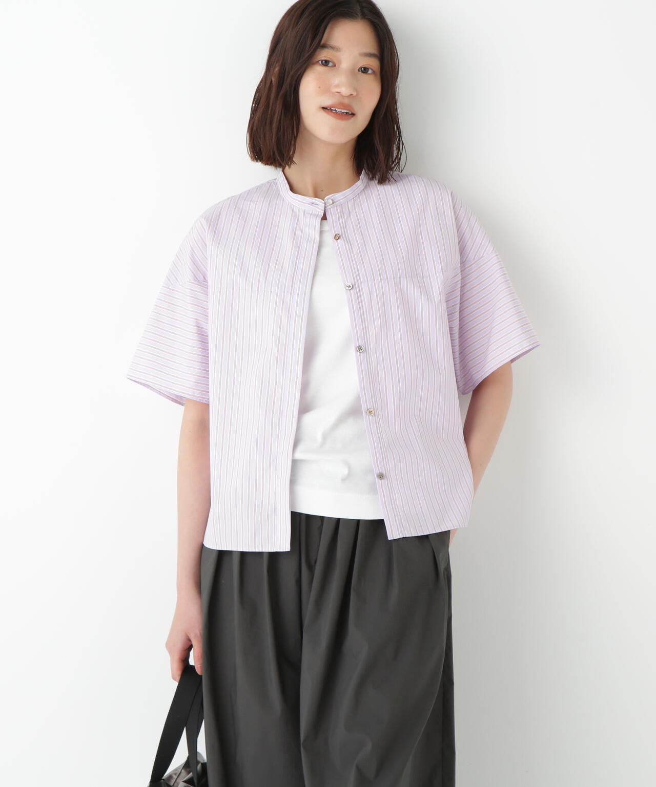 ストライプローン6分袖ブラウス