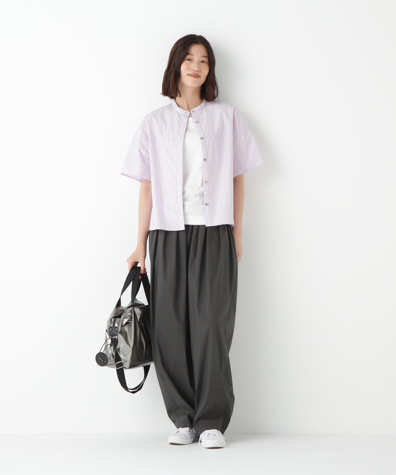 ストライプローン6分袖ブラウス