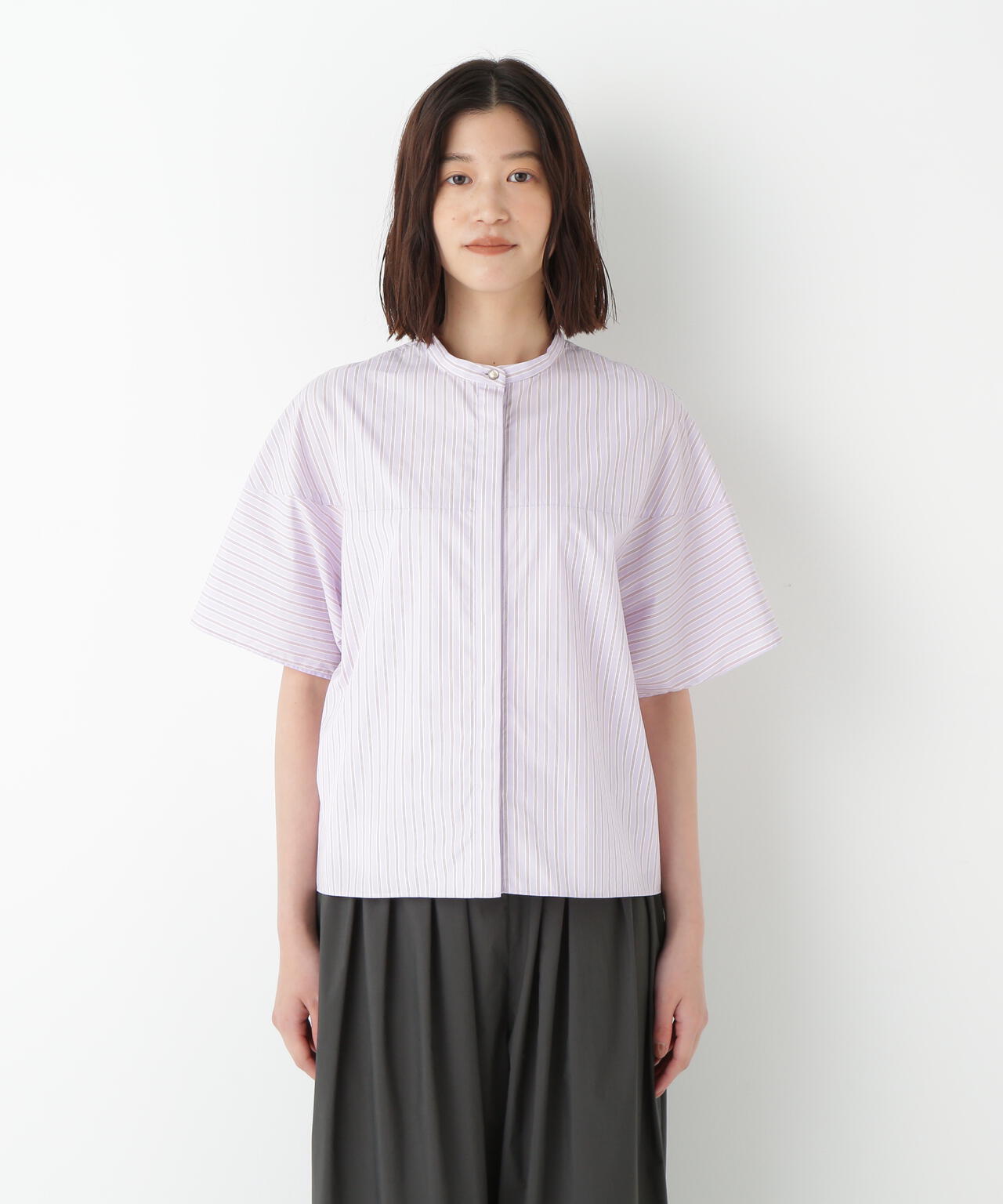 ストライプローン6分袖ブラウス