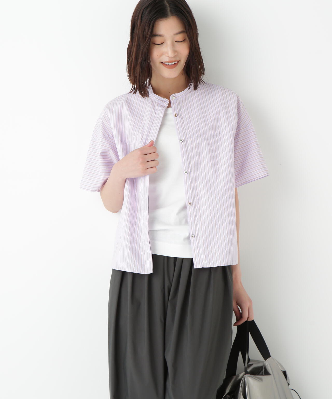 ストライプローン6分袖ブラウス