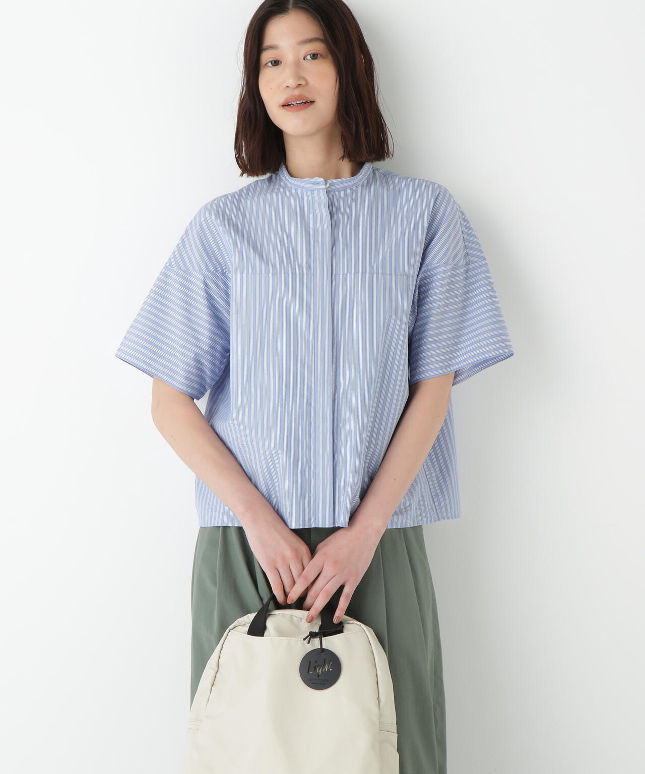 ストライプローン6分袖ブラウス