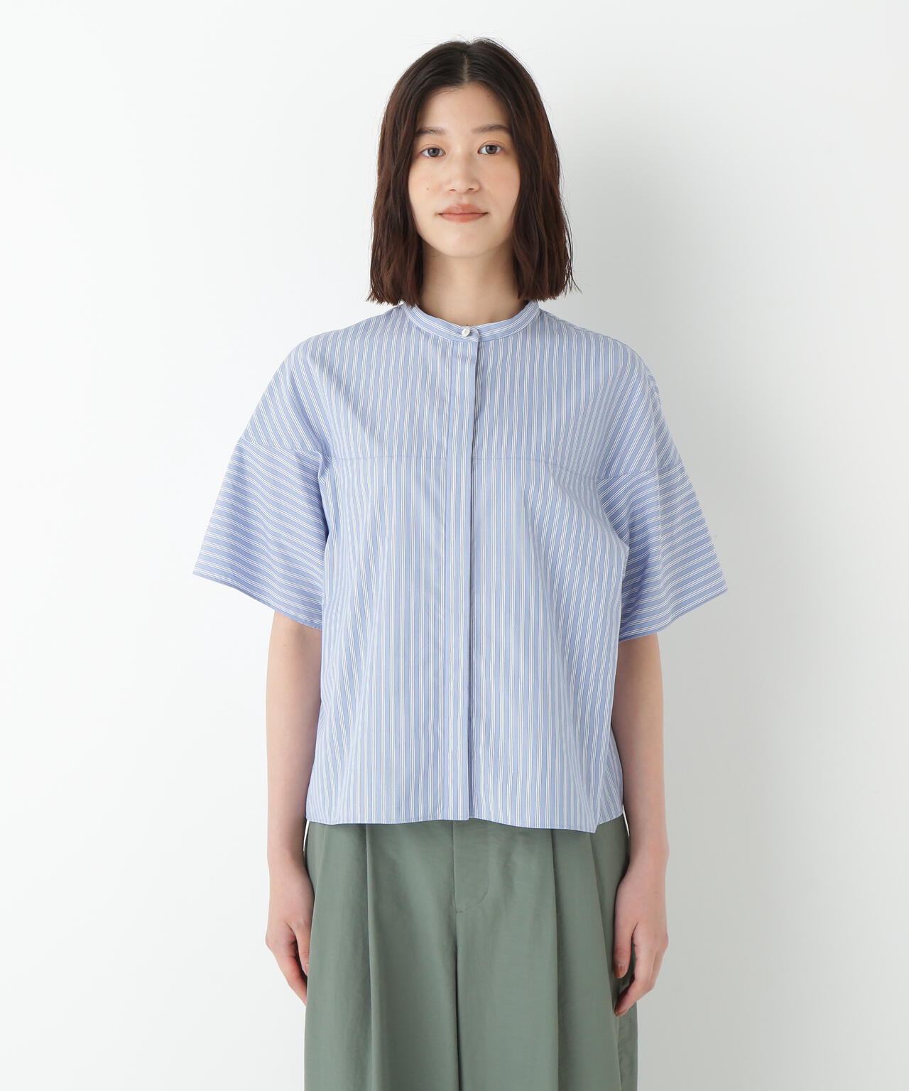 ストライプローン6分袖ブラウス