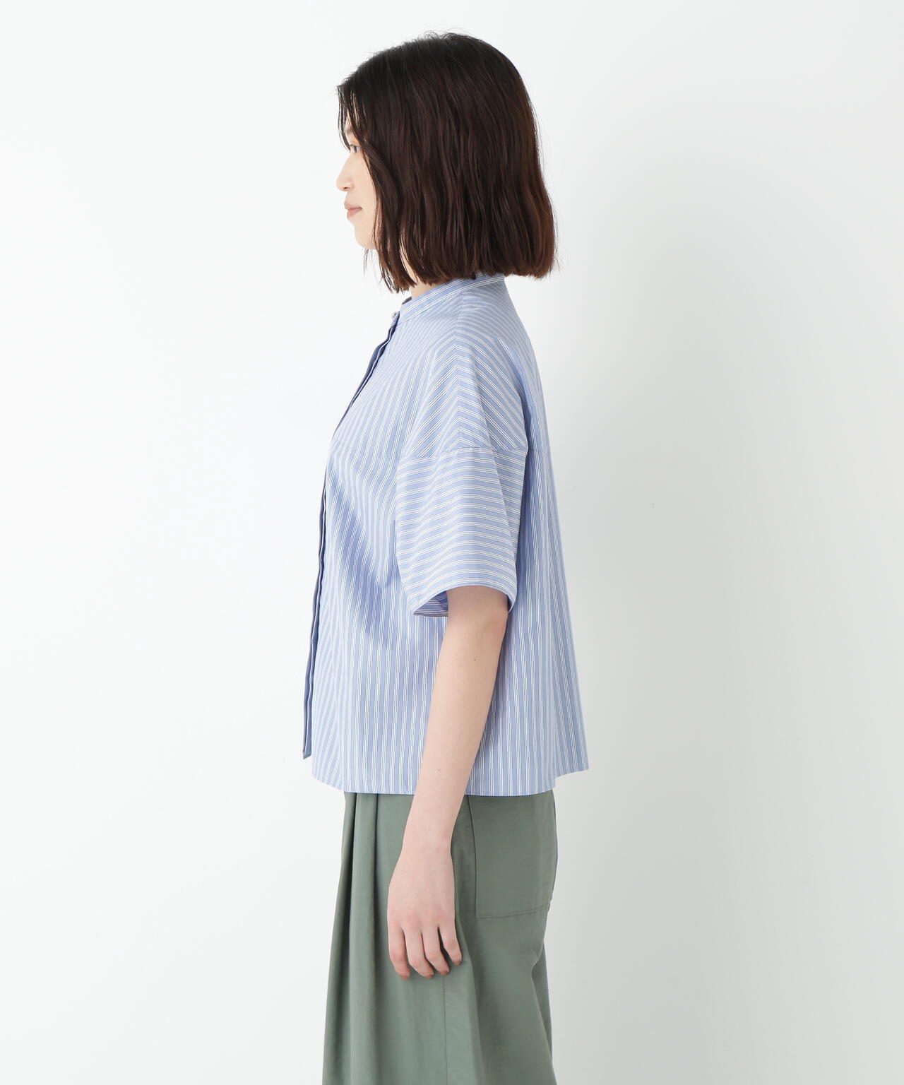 ストライプローン6分袖ブラウス