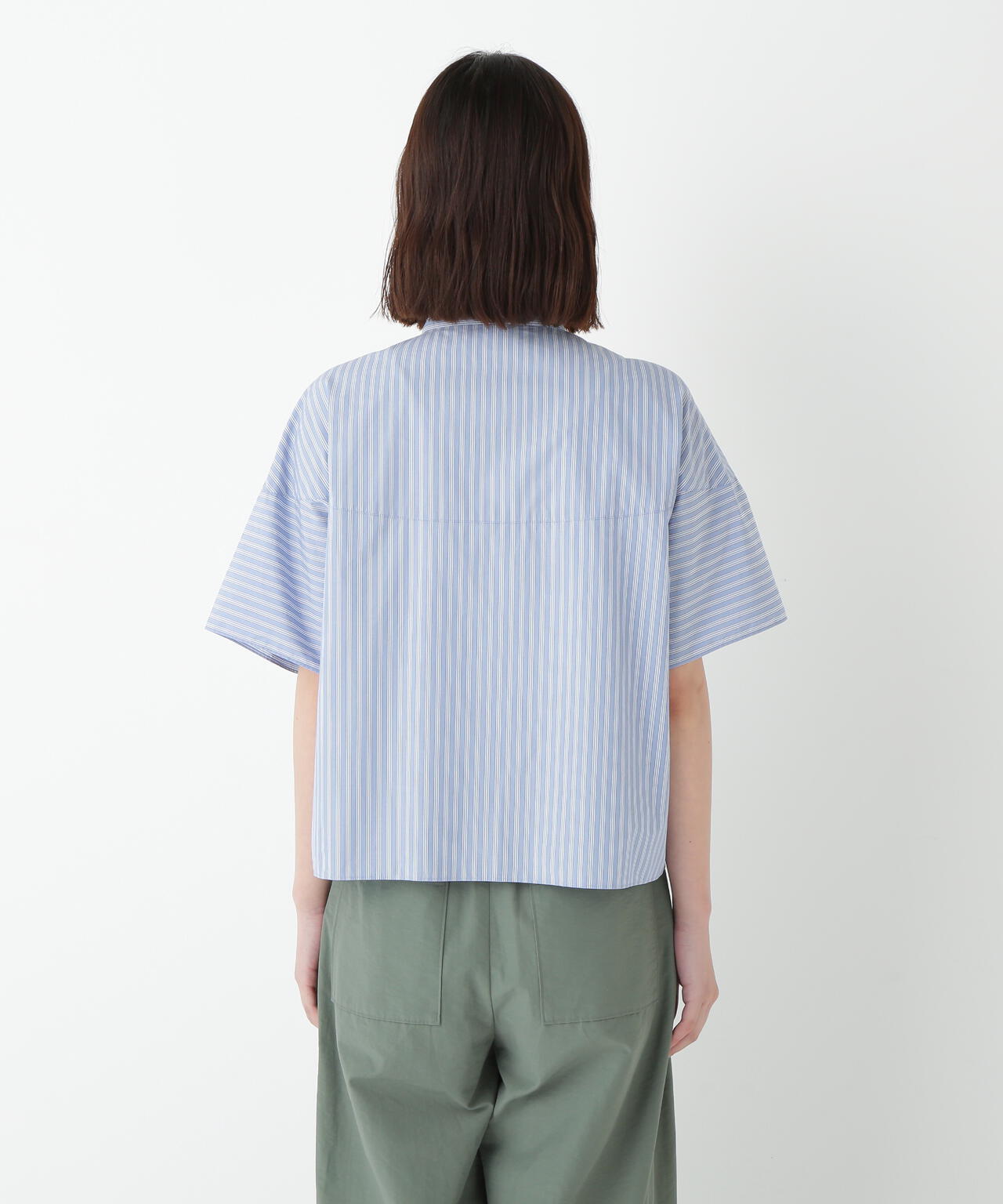 ストライプローン6分袖ブラウス