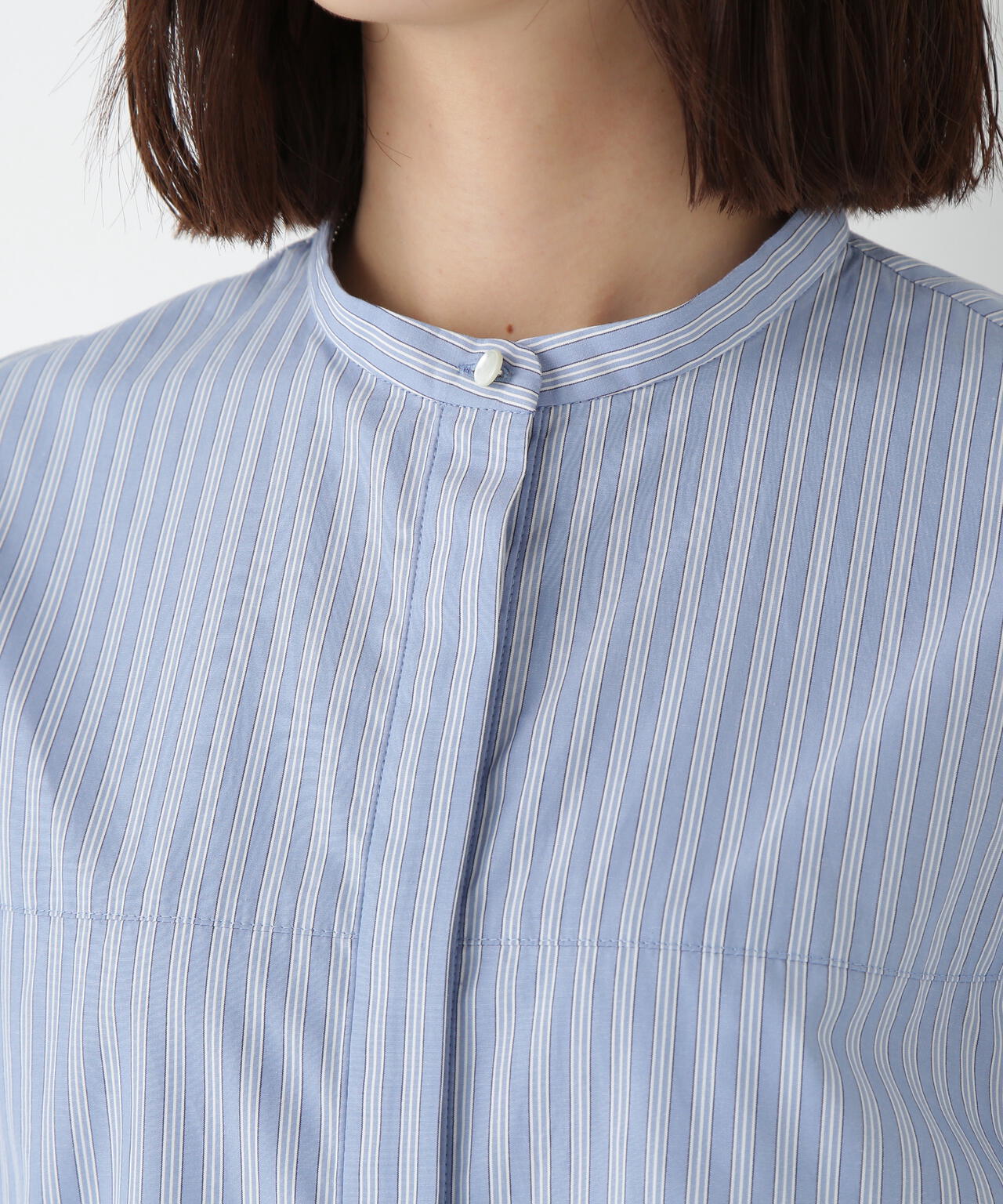 ストライプローン6分袖ブラウス