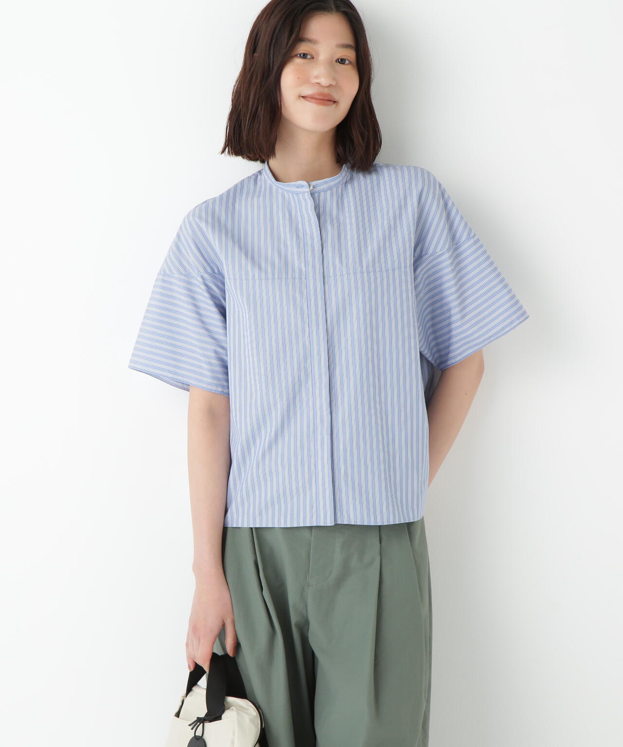 ストライプローン6分袖ブラウス