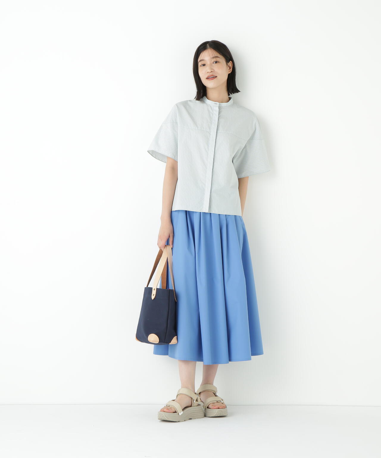 ストライプローン6分袖ブラウス