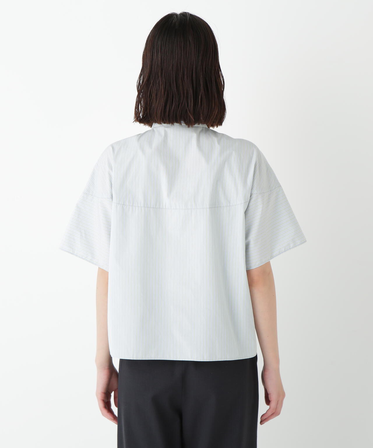 ストライプローン6分袖ブラウス