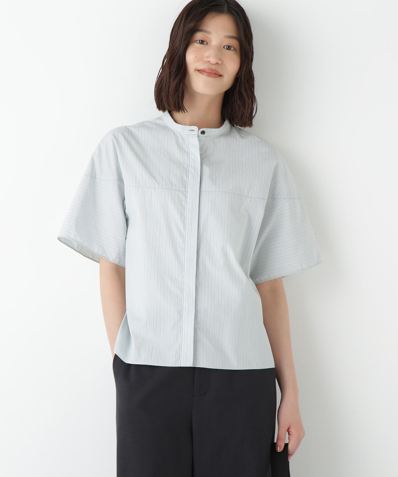 ストライプローン6分袖ブラウス