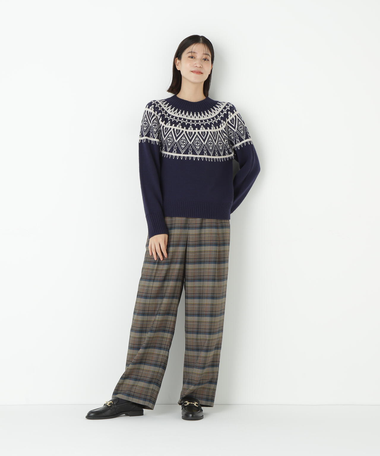 先染めチェックタックセミワイドパンツ