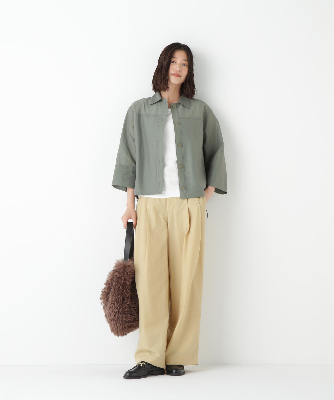 綿ナイロンタッサータックワイドパンツ