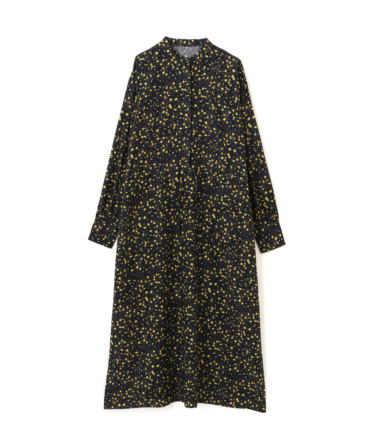 プチフラワープリントブラウジングバンドカラーワンピース