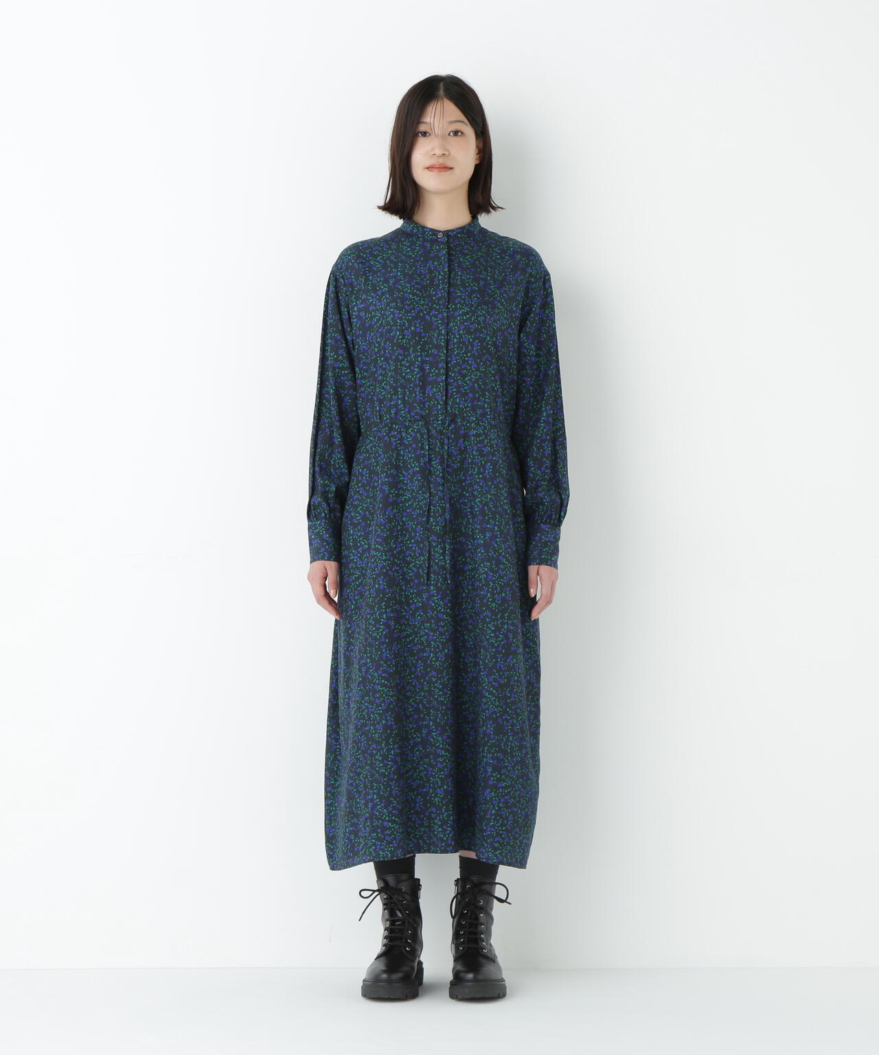 プチフラワープリントブラウジングバンドカラーワンピース