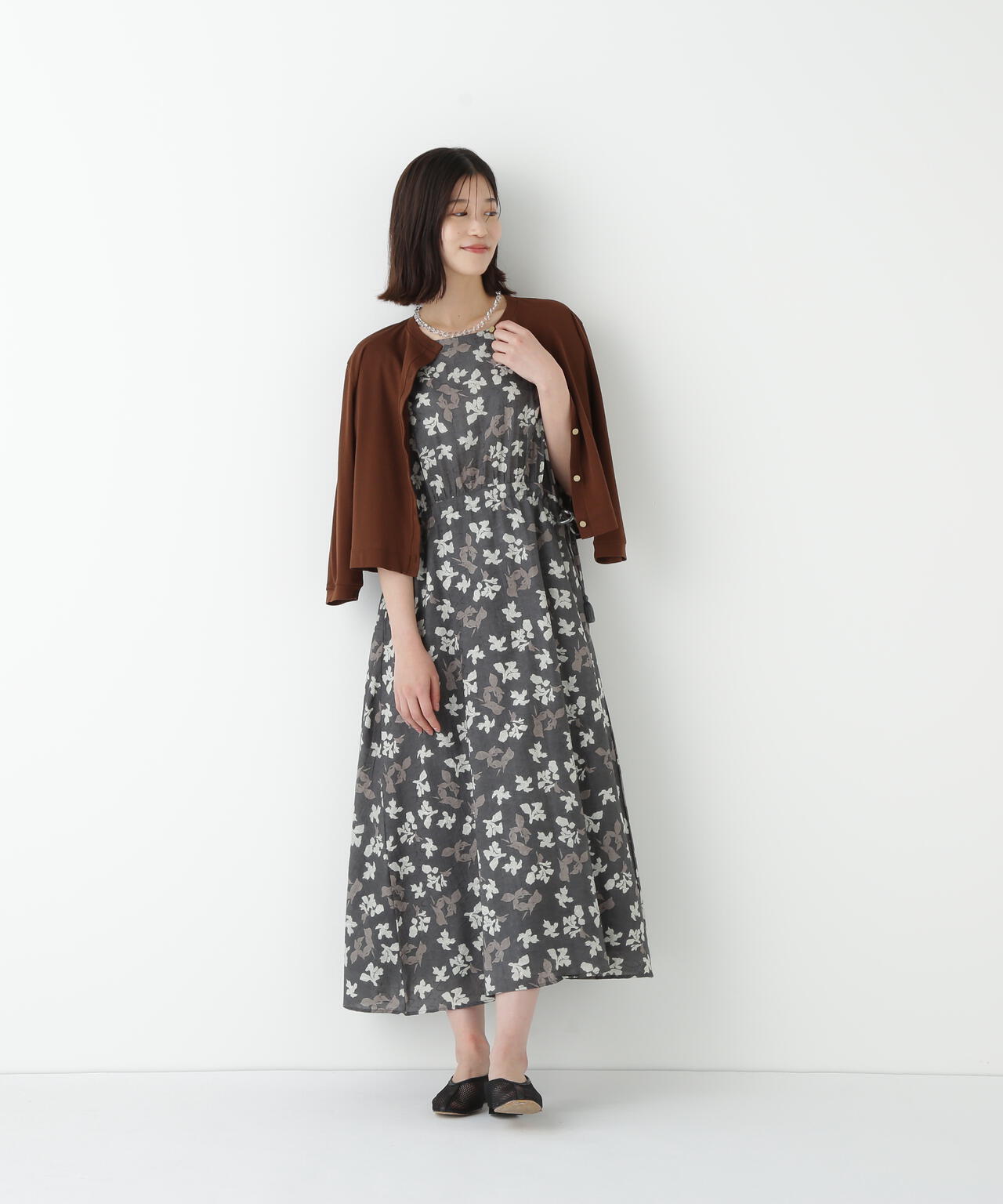 インドドビーリーフプリントフレンチドルマンスリーブワンピース