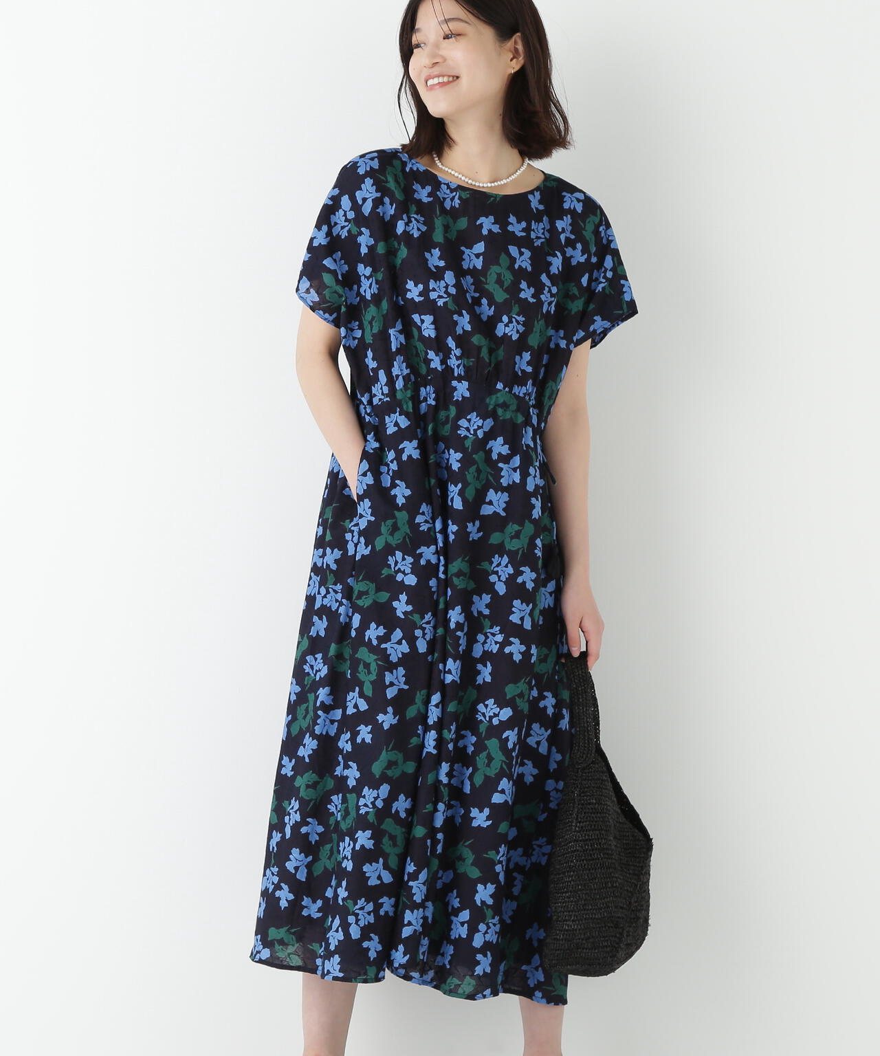 インドドビーリーフプリントフレンチドルマンスリーブワンピース