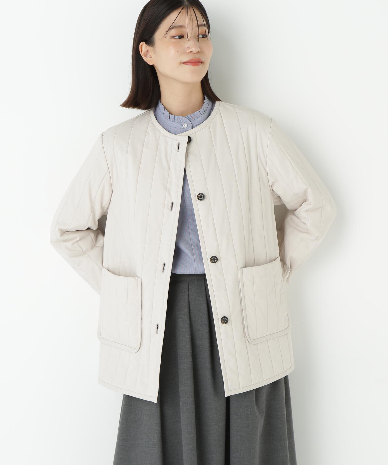 バーティカルキルティングノーカラージャケット