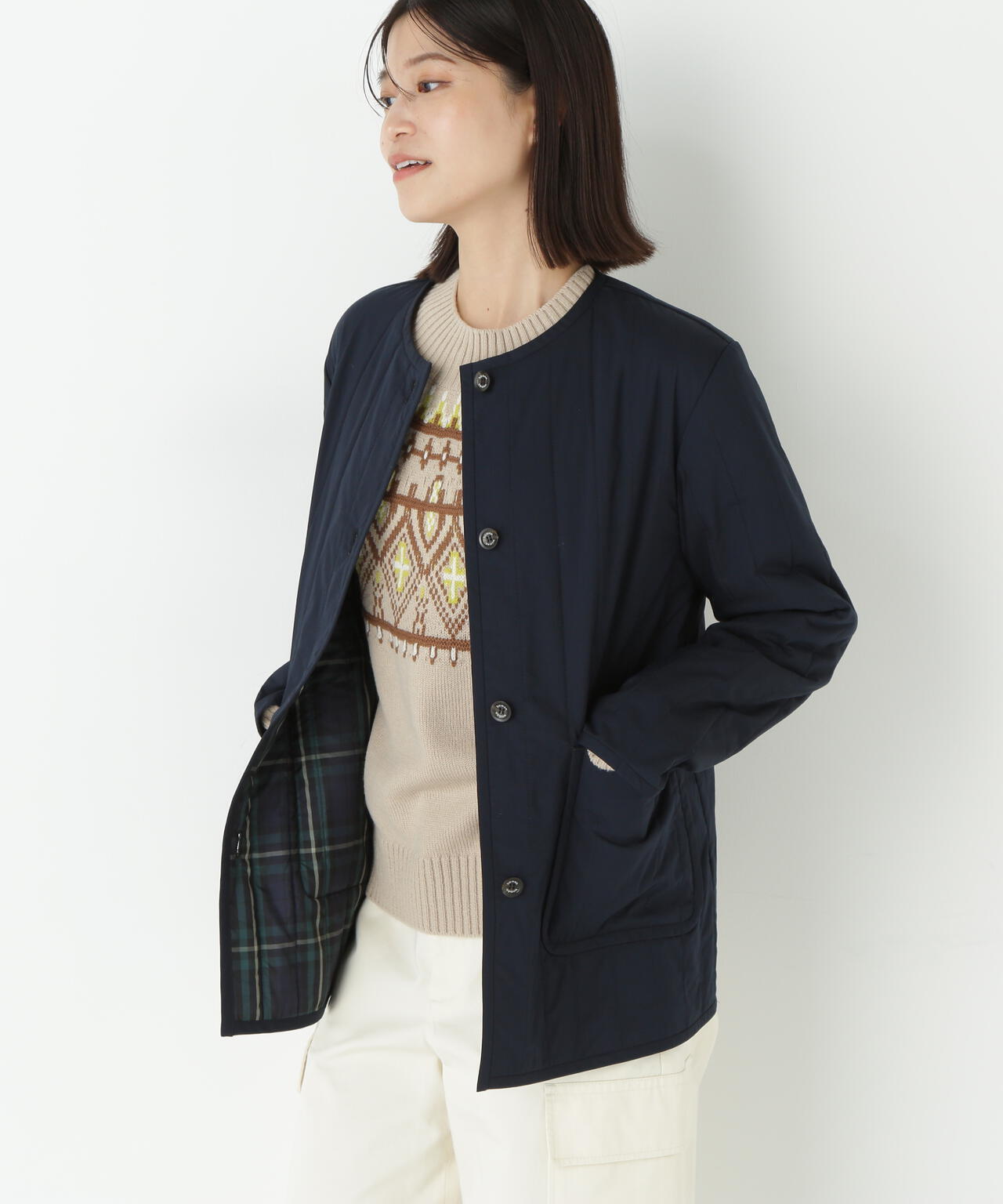 バーティカルキルティングノーカラージャケット