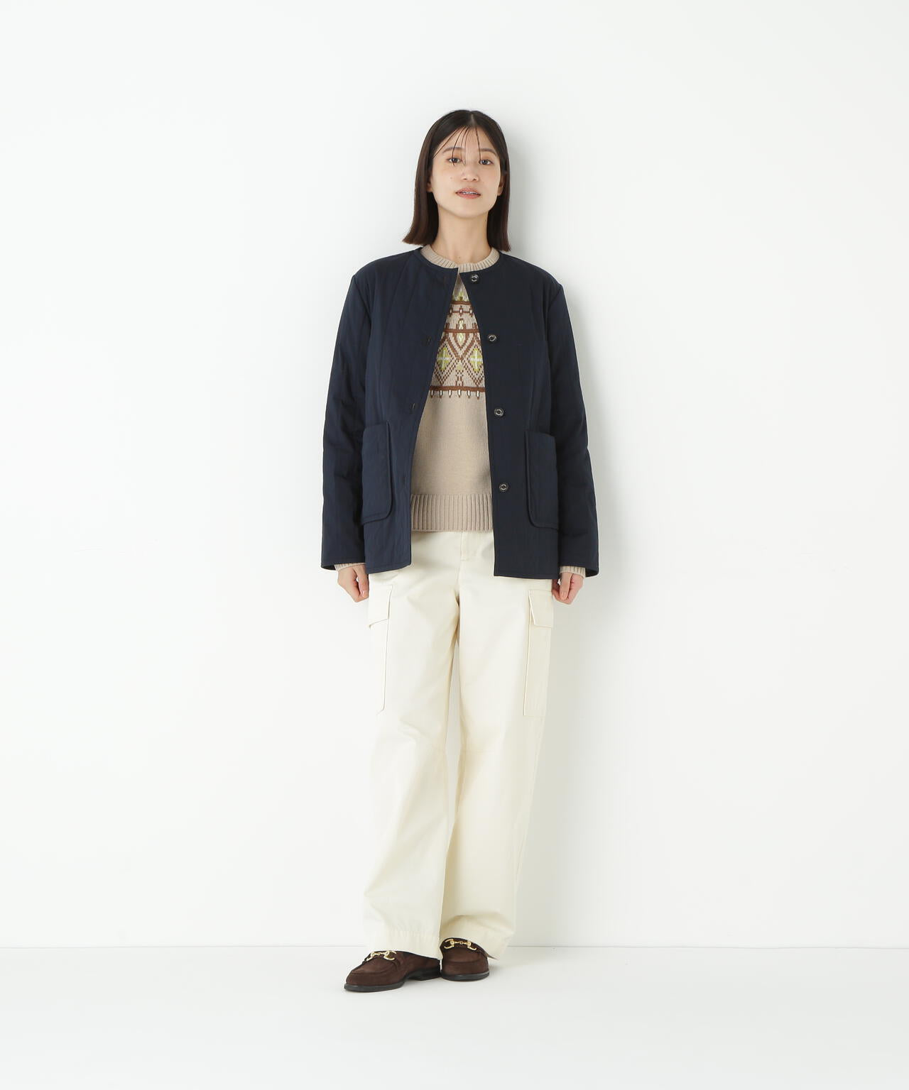 バーティカルキルティングノーカラージャケット