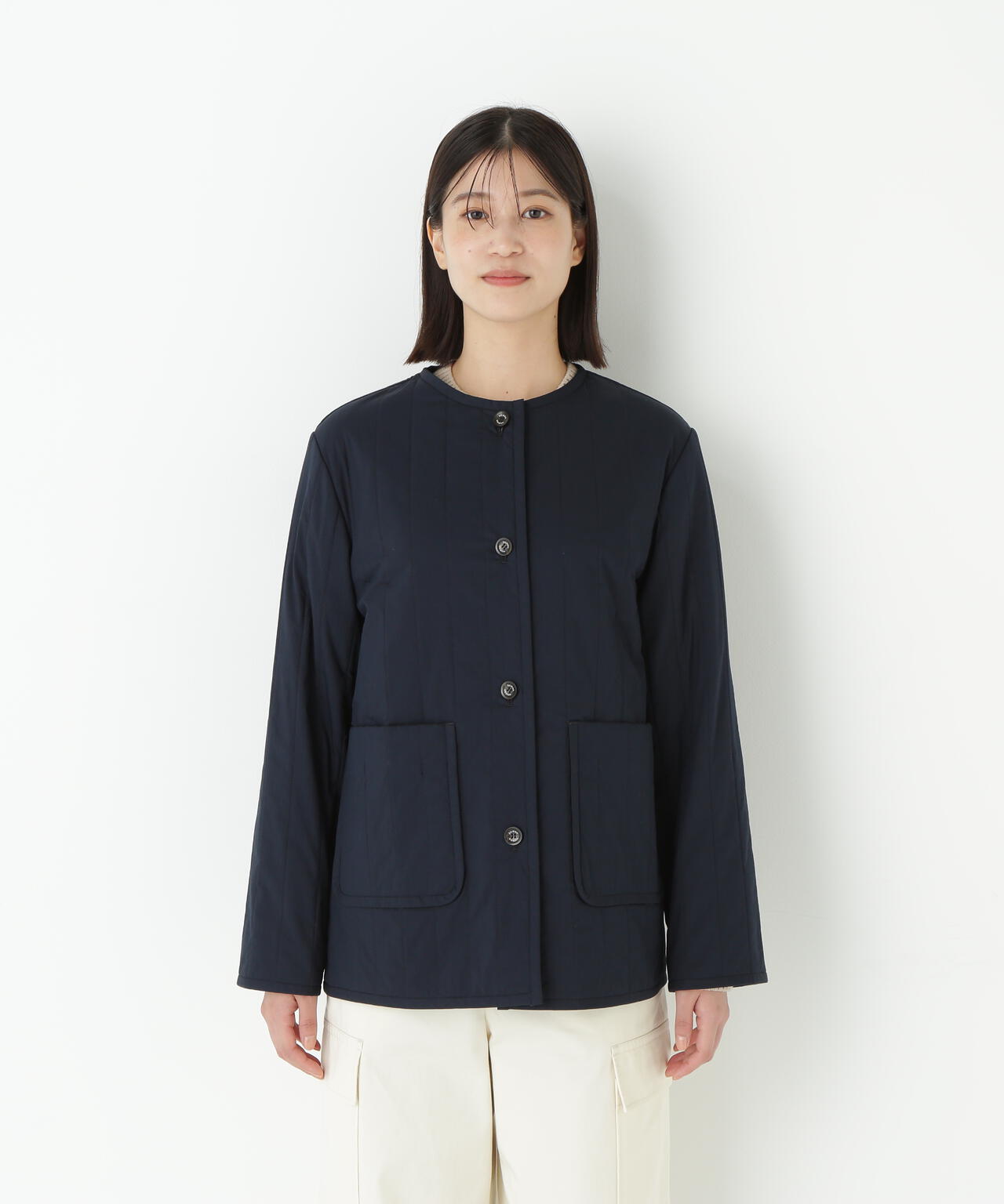 バーティカルキルティングノーカラージャケット